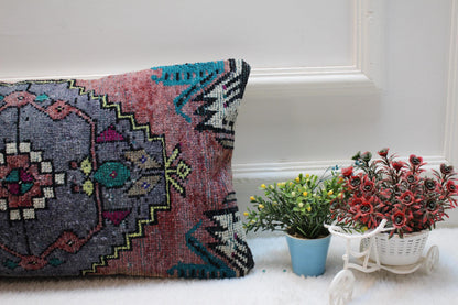 Handmade Kilim Lumbar Pillow Cover: Geometric Woven Rug, 12x24 inch