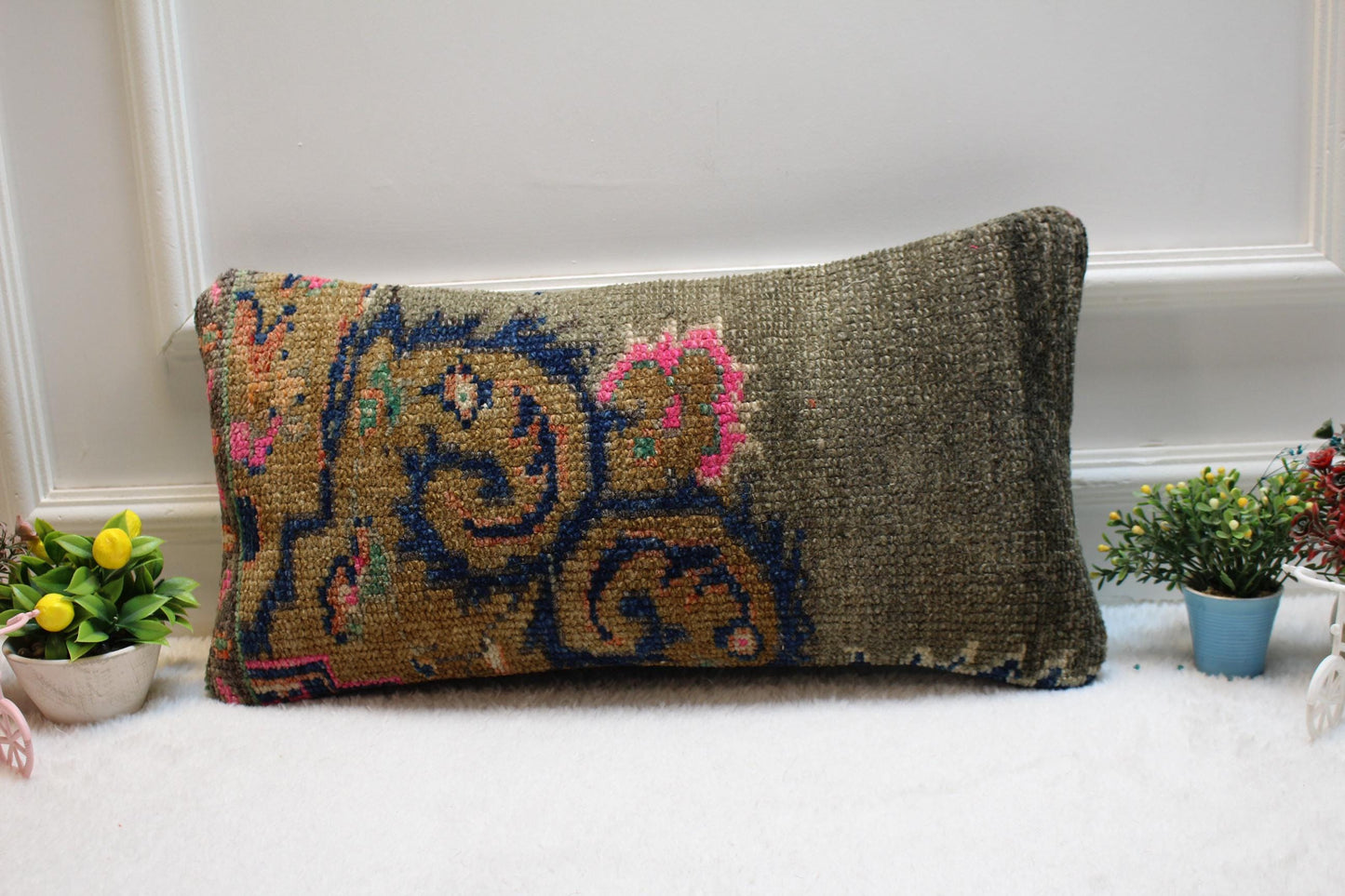 Handmade Kilim Pillow Cover: Upcycled Woven Rug, Gray Beige Pink (12X24 inc.)
