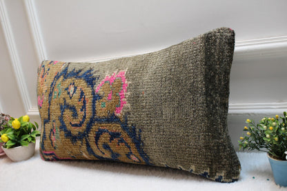 Handmade Kilim Pillow Cover: Upcycled Woven Rug, Gray Beige Pink (12X24 inc.)