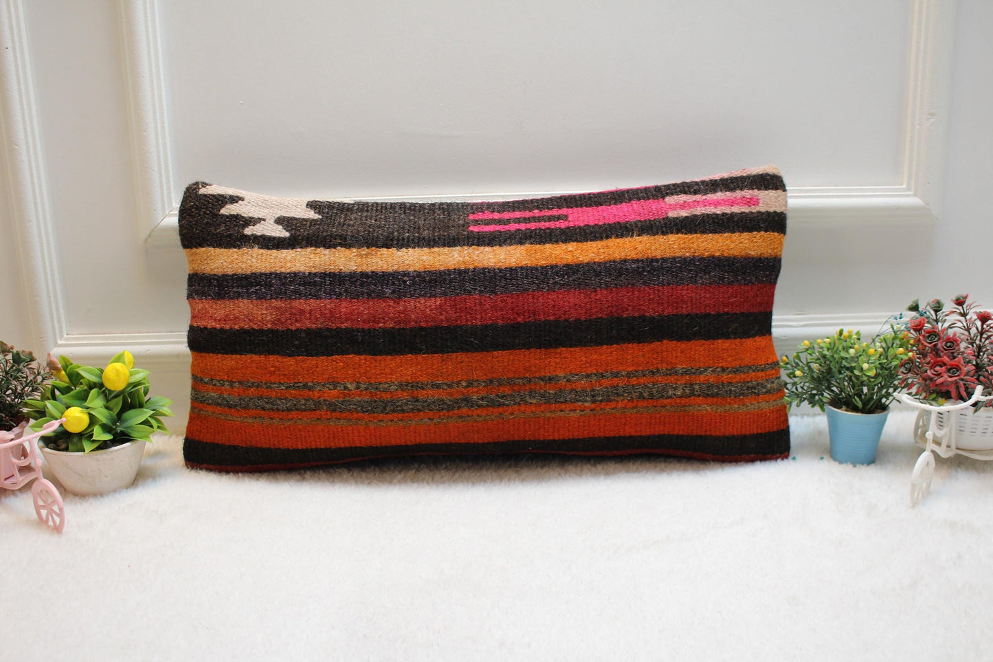 Striped Kilim Lumbar Pillow Cover: Vintage Woven Wool, 12x24 inch