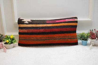 Striped Kilim Lumbar Pillow Cover: Vintage Woven Wool, 12x24 inch