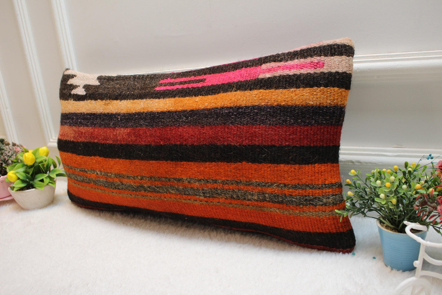 Striped Kilim Lumbar Pillow Cover: Vintage Woven Wool, 12x24 inch