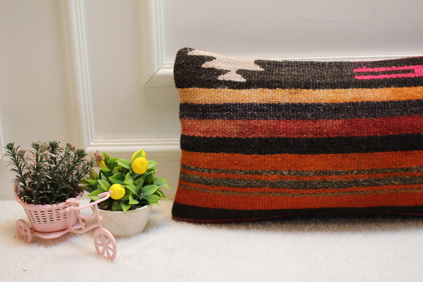 Striped Kilim Lumbar Pillow Cover: Vintage Woven Wool, 12x24 inch
