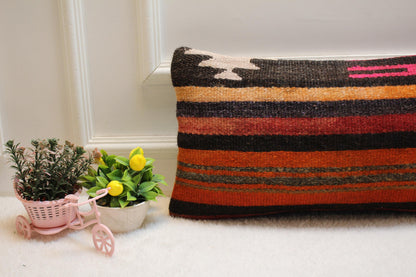 Striped Kilim Lumbar Pillow Cover: Vintage Woven Wool, 12x24 inch