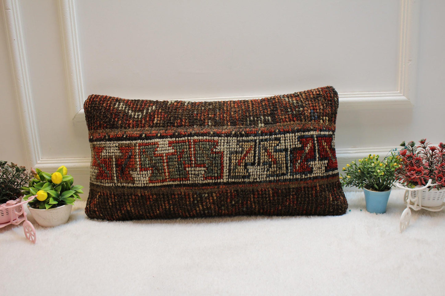 Handmade Turkish Rug Lumbar Pillow Cover: Patchwork Wool, 12x24 inch