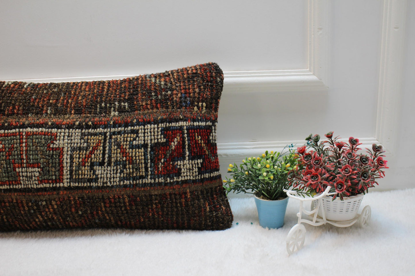 Handmade Turkish Rug Lumbar Pillow Cover: Patchwork Wool, 12x24 inch