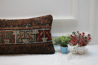Handmade Turkish Rug Lumbar Pillow Cover: Patchwork Wool, 12x24 inch