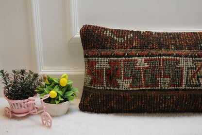 Handmade Turkish Rug Lumbar Pillow Cover: Patchwork Wool, 12x24 inch