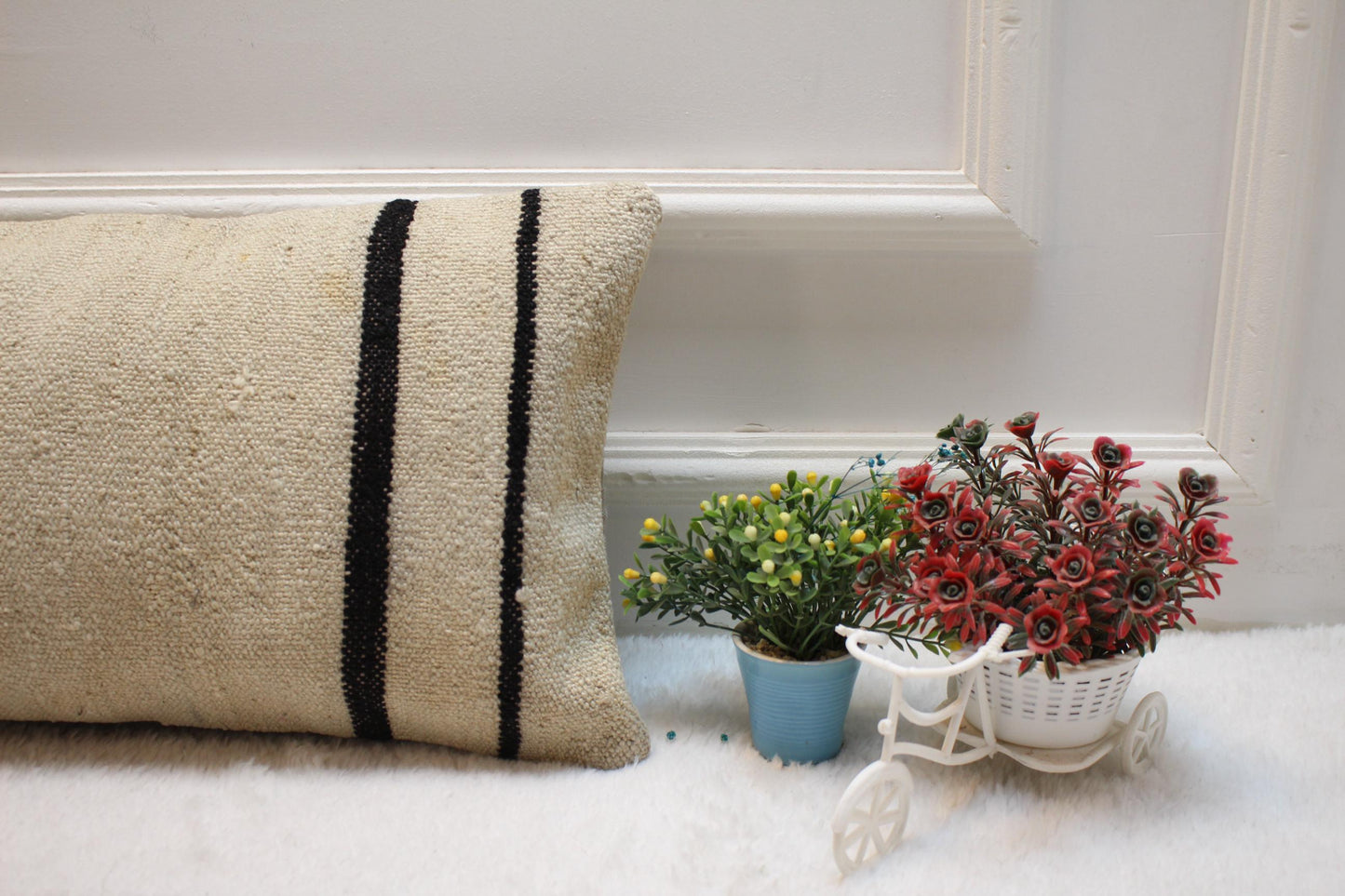 Handmade Wool Kilim Lumbar Pillow Cover: Upcycled Woven Rug, 12x24 inch