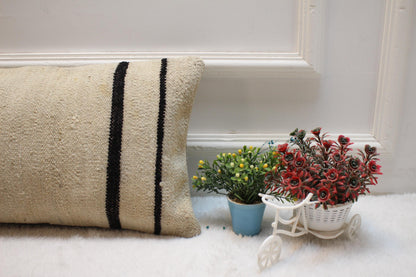 Handmade Wool Kilim Lumbar Pillow Cover: Upcycled Woven Rug, 12x24 inch