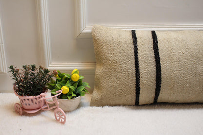 Handmade Wool Kilim Lumbar Pillow Cover: Upcycled Woven Rug, 12x24 inch