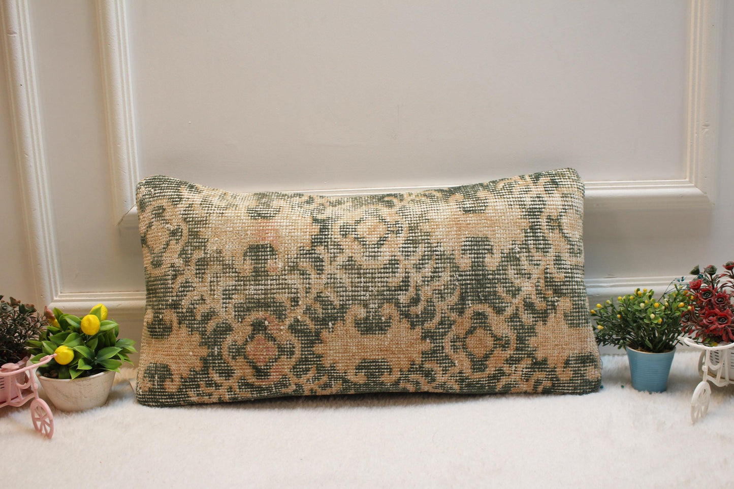Geometric Turkish Rug Lumbar Pillow Cover: Handmade Upcycled Wool (12x24 in)