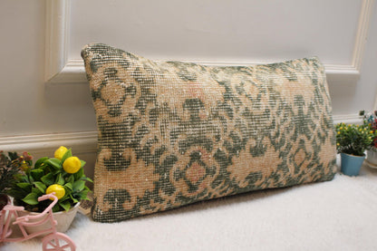 Geometric Turkish Rug Lumbar Pillow Cover: Handmade Upcycled Wool (12x24 in)