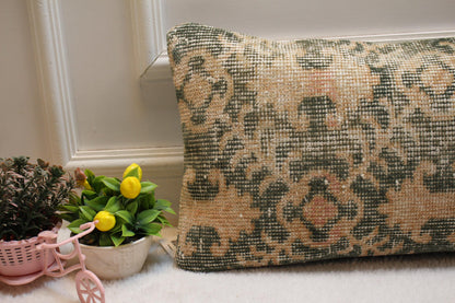 Geometric Turkish Rug Lumbar Pillow Cover: Handmade Upcycled Wool (12x24 in)