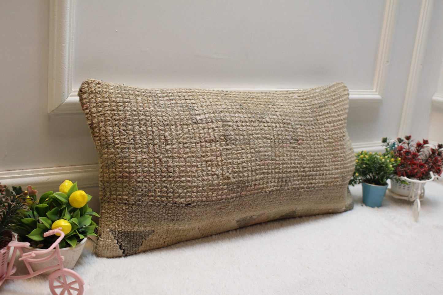 Beige Kilim Lumbar Pillow Cover: Upcycled Woven Rug, 12x24 inc