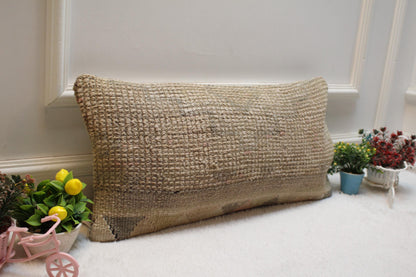 Beige Kilim Lumbar Pillow Cover: Upcycled Woven Rug, 12x24 inc