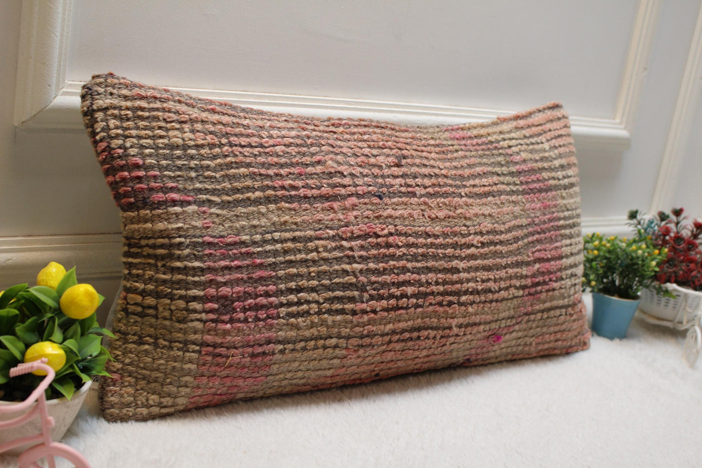 Handmade Kilim Lumbar Pillow Cover: Upcycled Wool, Pink Beige (12x24 in)