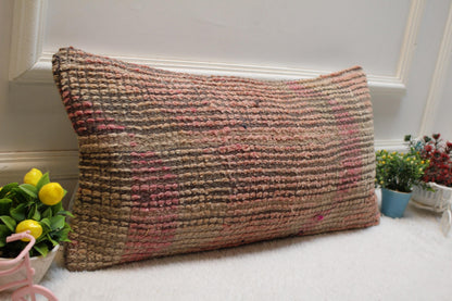 Handmade Kilim Lumbar Pillow Cover: Upcycled Wool, Pink Beige (12x24 in)