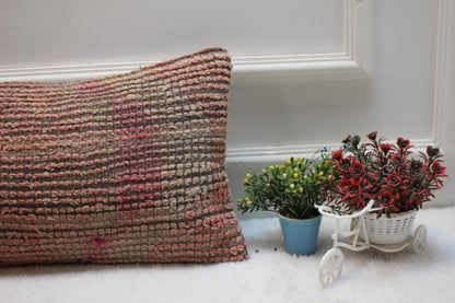 Handmade Kilim Lumbar Pillow Cover: Upcycled Wool, Pink Beige (12x24 in)