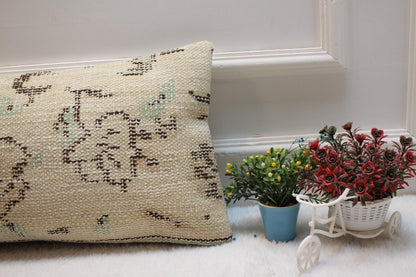 Handmade Beige Anatolian Lumbar Pillow Cover: Upcycled Kilim, 12x24 inch