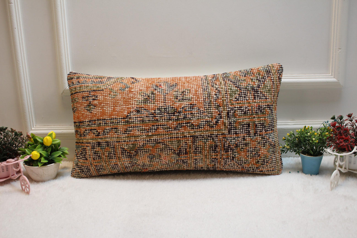 Orange Vintage Turkish Rug Lumbar Pillow Cover: Handmade Wool, 12x24 inch