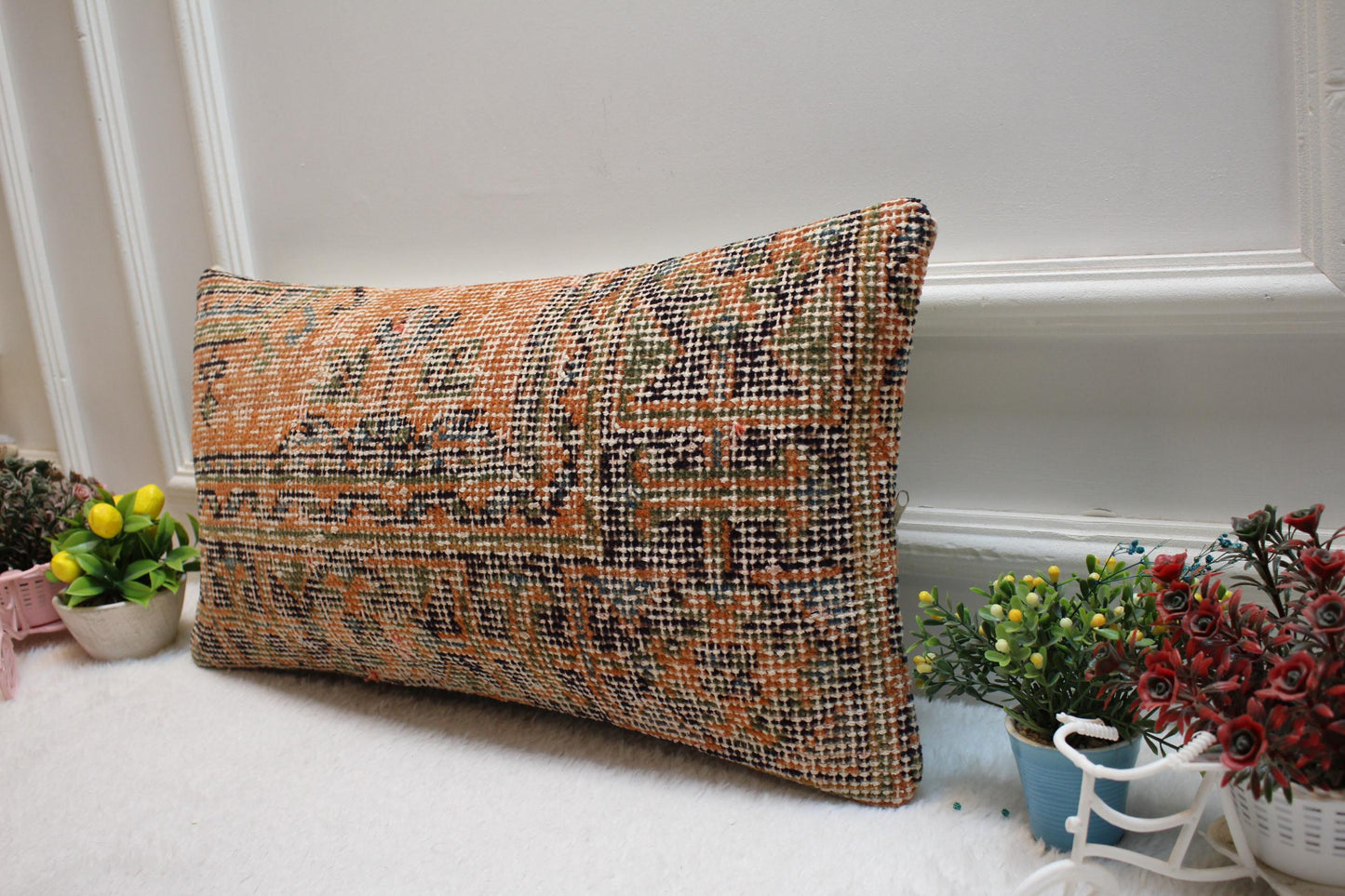 Orange Vintage Turkish Rug Lumbar Pillow Cover: Handmade Wool, 12x24 inch