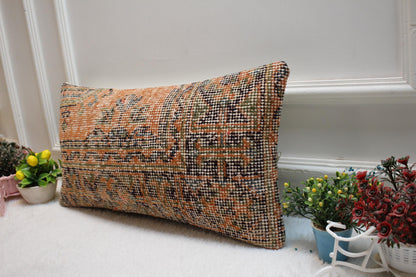 Orange Vintage Turkish Rug Lumbar Pillow Cover: Handmade Wool, 12x24 inch