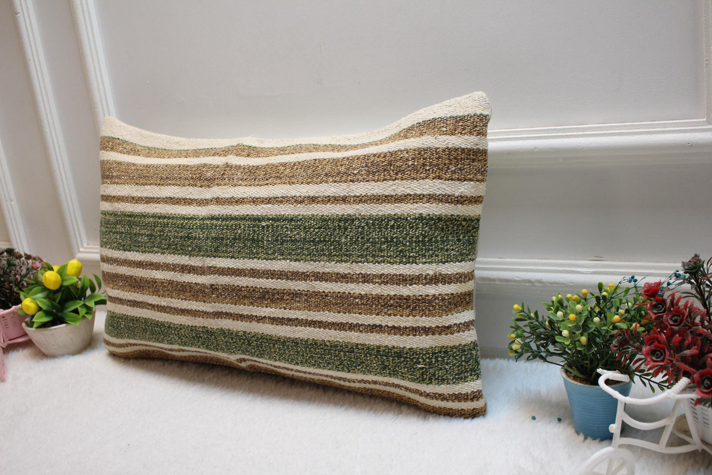 Striped Kilim Lumbar Pillow Cover: Vintage Rug Pillow, 12x24 inch