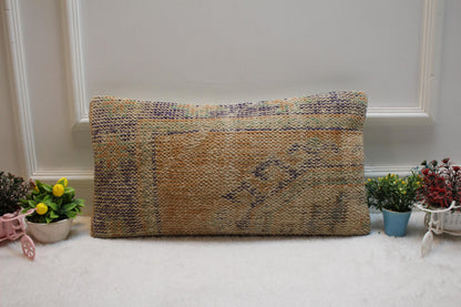 Handmade Kilim Lumbar Pillow Cover: Upcycled Woven Wool, 12x24 inch