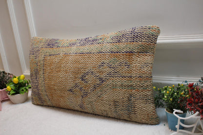 Handmade Kilim Lumbar Pillow Cover: Upcycled Woven Wool, 12x24 inch