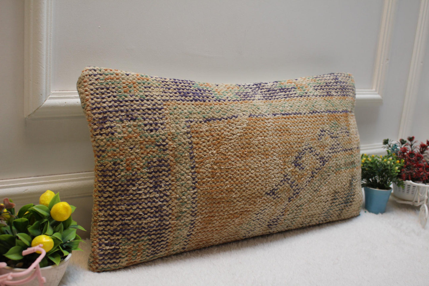 Handmade Kilim Lumbar Pillow Cover: Upcycled Woven Wool, 12x24 inch