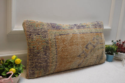 Handmade Kilim Lumbar Pillow Cover: Upcycled Woven Wool, 12x24 inch