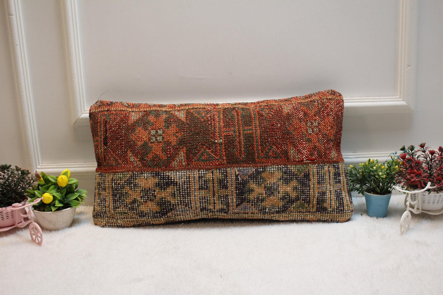 Handmade Kilim Lumbar Pillow Cover: Upcycled Anatolian Wool (12x24 in)