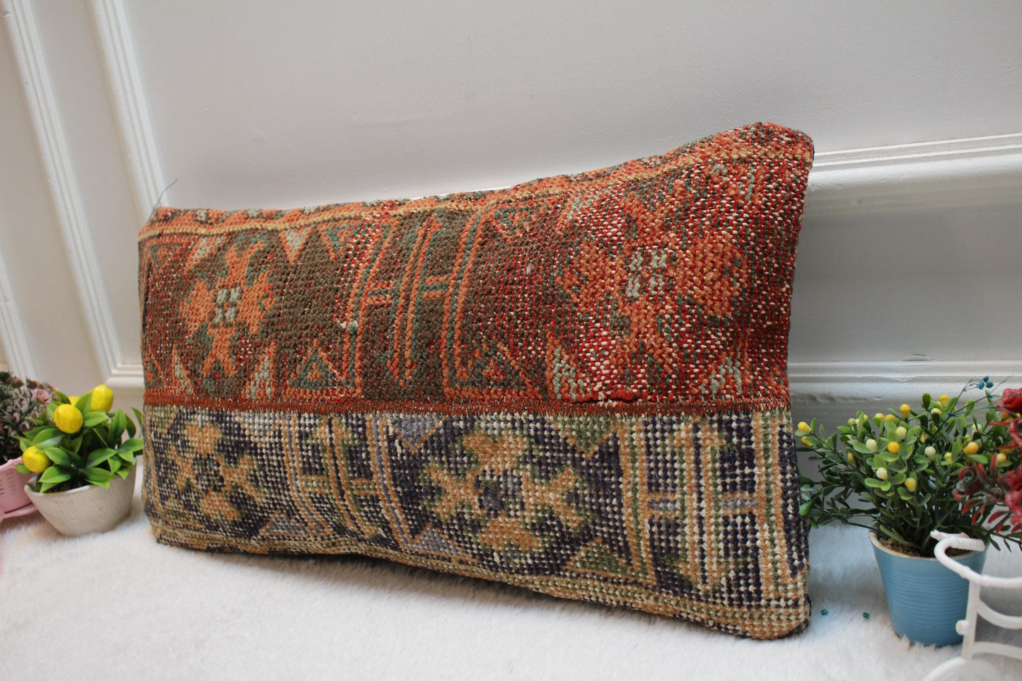 Handmade Kilim Lumbar Pillow Cover: Upcycled Anatolian Wool (12x24 in)
