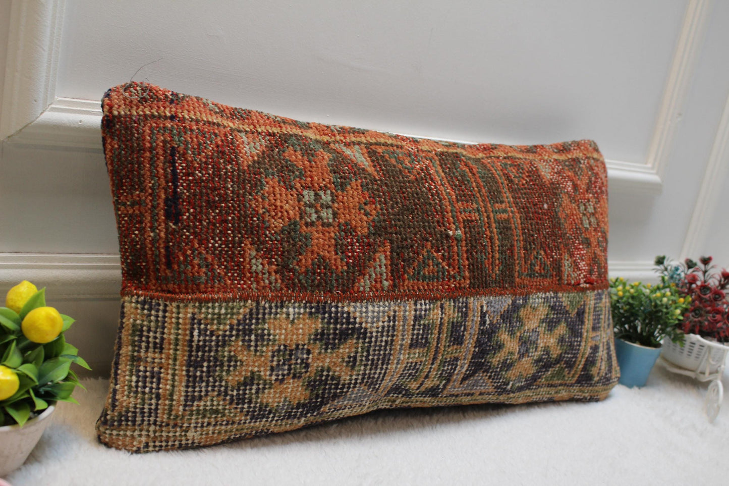 Handmade Kilim Lumbar Pillow Cover: Upcycled Anatolian Wool (12x24 in)