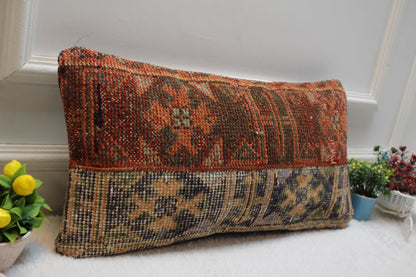 Handmade Kilim Lumbar Pillow Cover: Upcycled Anatolian Wool (12x24 in)