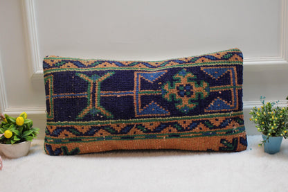 Vintage Turkish Rug Lumbar Pillow Cover: 12x24 Organic Wool Kilim Pillow