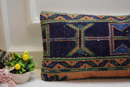 Vintage Turkish Rug Lumbar Pillow Cover: 12x24 Organic Wool Kilim Pillow