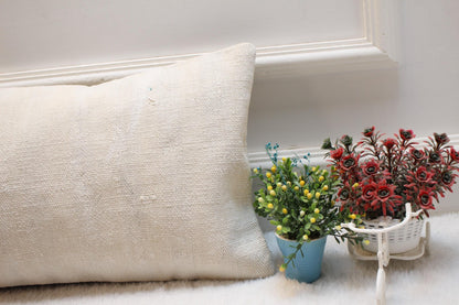 Handmade White Kilim Lumbar Pillow Cover: Upcycled Wool, 12x24 inch