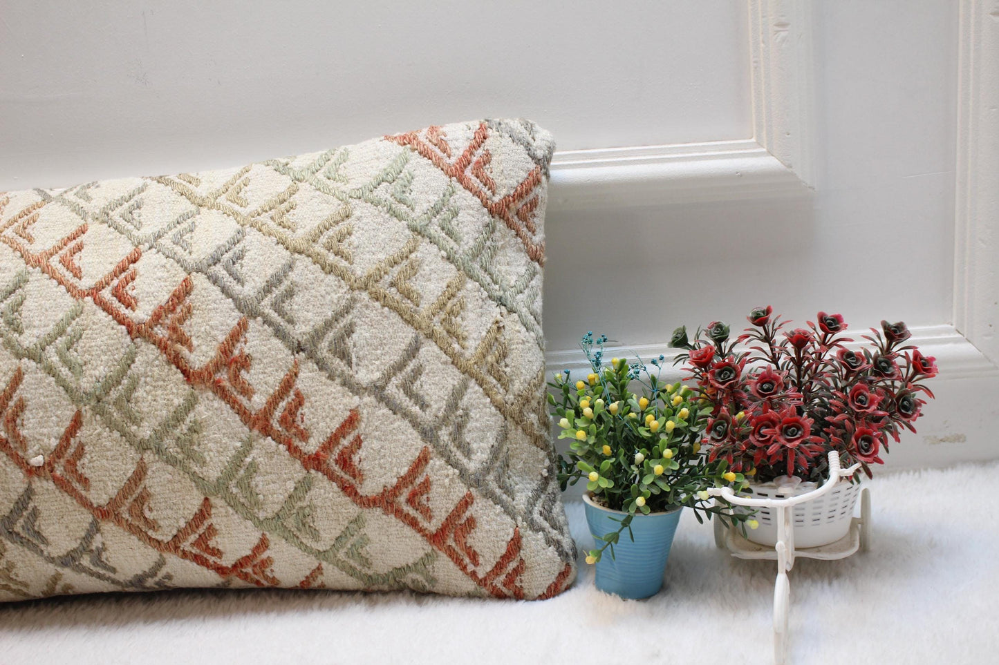 Handmade Kilim Lumbar Pillow Cover: Geometric Boho Design (12x24 in)