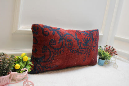 Handmade Red Kilim Lumbar Pillow Cover: Vintage Floral Design (12x24 in)