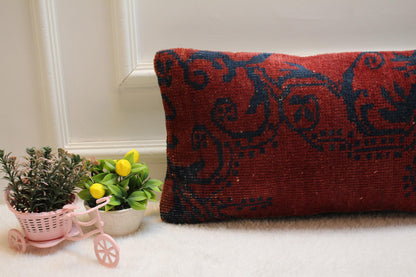 Handmade Red Kilim Lumbar Pillow Cover: Vintage Floral Design (12x24 in)