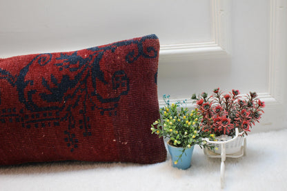 Handmade Red Kilim Lumbar Pillow Cover: Vintage Floral Design (12x24 in)