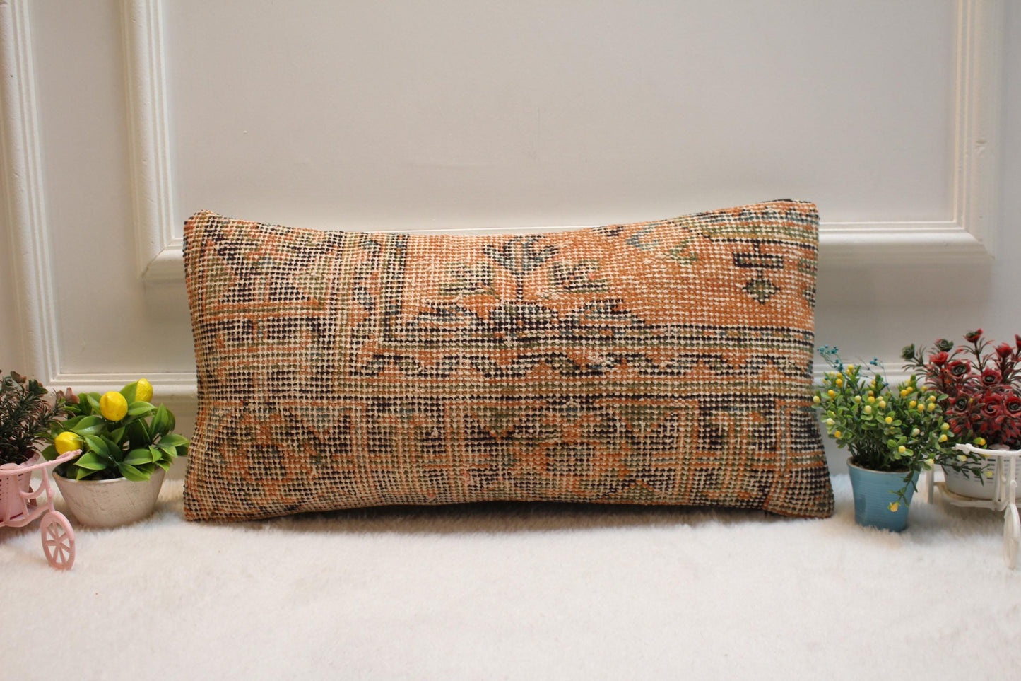 Orange Vintage Turkish Rug Lumbar Pillow Cover: 12x24 inch Wool Kilim
