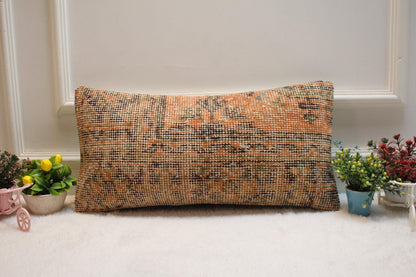 Orange Vintage Turkish Rug Lumbar Pillow Cover: 12x24 inch Wool Kilim