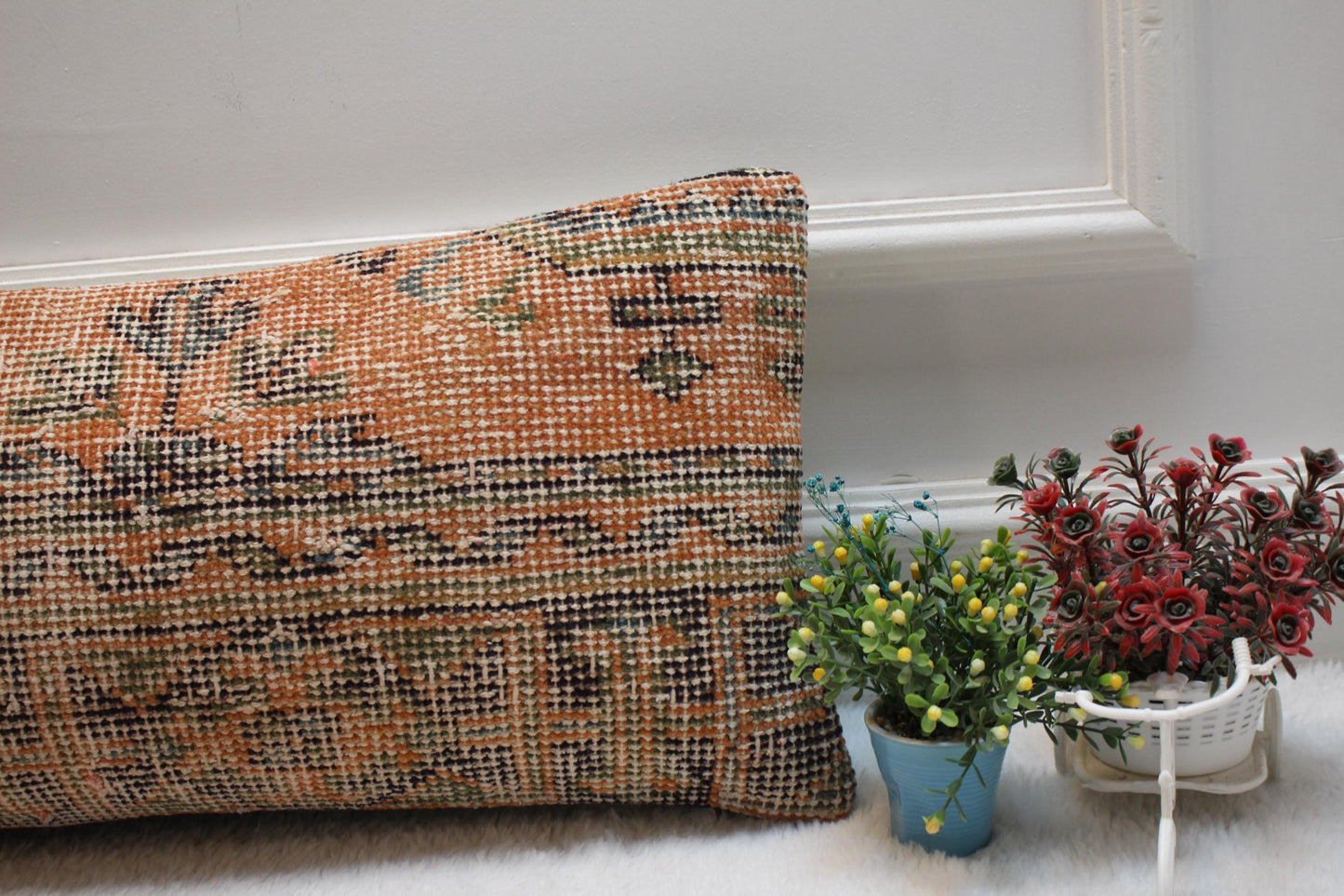 Orange Vintage Turkish Rug Lumbar Pillow Cover: 12x24 inch Wool Kilim