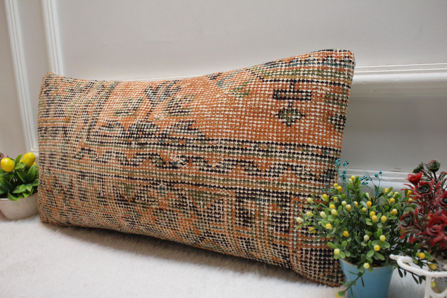 Orange Vintage Turkish Rug Lumbar Pillow Cover: 12x24 inch Wool Kilim