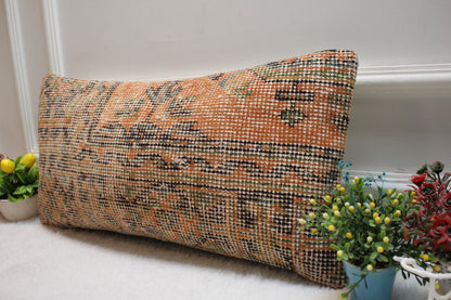 Orange Vintage Turkish Rug Lumbar Pillow Cover: 12x24 inch Wool Kilim