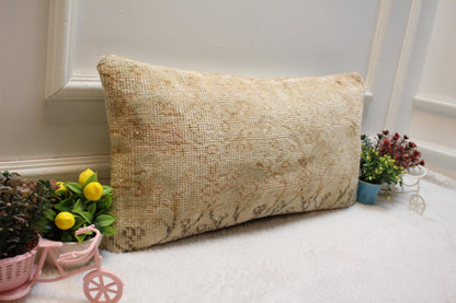 Beige Anatolian Lumbar Pillow Cover: Handmade Kilim Rug, 12x24 inch