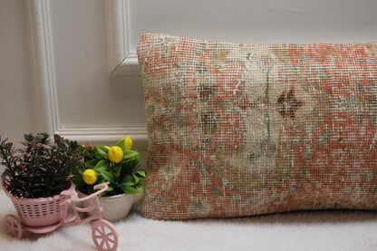 Handmade Turkish Rug Lumbar Pillow Cover: Vintage Anatolian Cushion (12x20 in)